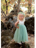 Ivory Lace Sage Green Tulle Vintage Flower Girl Dress With Beaded Sash